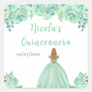 Blonde Hair Princess Mint Floral Quinceanera Square Sticker