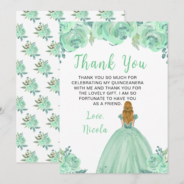 Blonde Hair Princess Mint Floral Quinceanera Thank You Card (Front/Back)