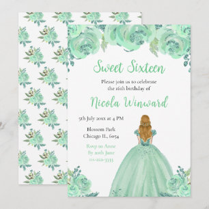 Blonde Hair Princess Mint Floral Sweet Sixteen Invitation