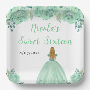 Blonde Hair Princess Mint Floral Sweet Sixteen Paper Plate