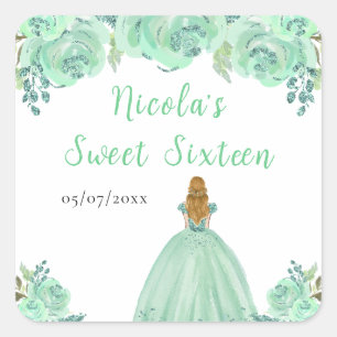 Blonde Hair Princess Mint Floral Sweet Sixteen  Square Sticker