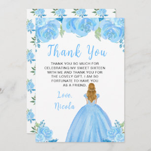 Blonde Hair Princess Navy Blue Sweet Sixteen Thank You Card