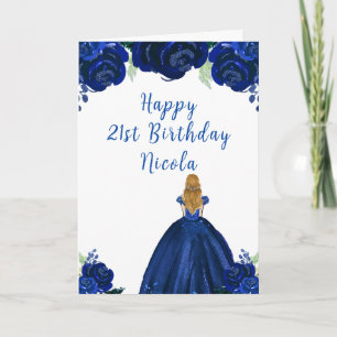Blonde Hair Princess Navy Floral Birthday Party Card