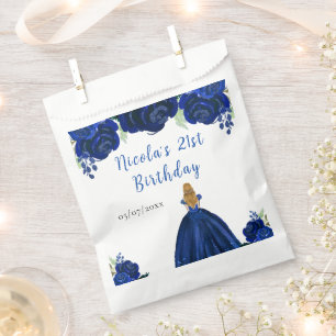 Blonde Hair Princess Navy Floral Birthday Party Favour Bag