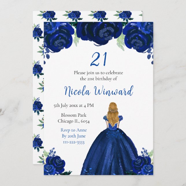 Blonde Hair Princess Navy Floral Birthday Party Invitation (Front/Back)
