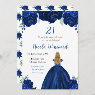 Blonde Hair Princess Navy Floral Birthday Party Invitation