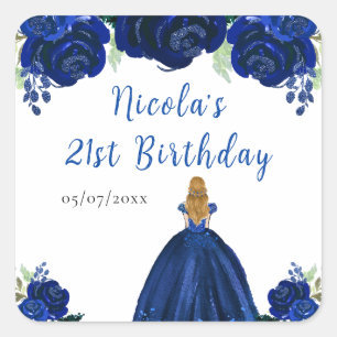 Blonde Hair Princess Navy Floral Birthday Party Square Sticker
