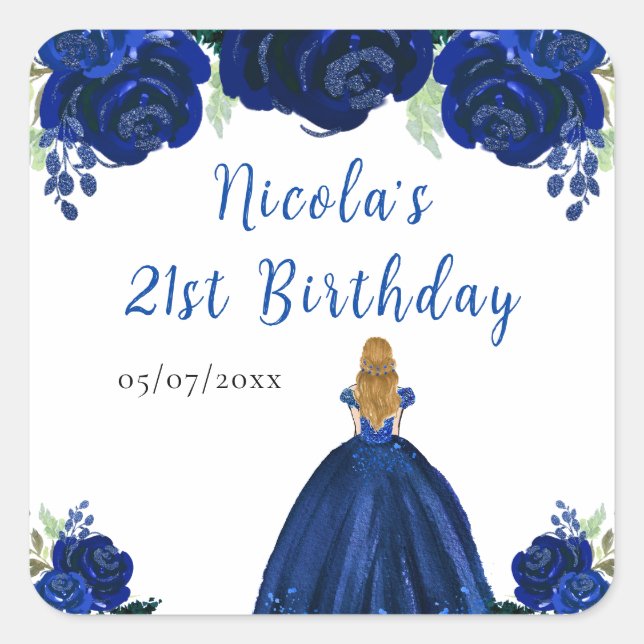 Blonde Hair Princess Navy Floral Birthday Party Square Sticker (Front)