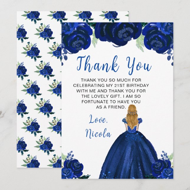 Blonde Hair Princess Navy Floral Birthday Party Thank You Card (Front/Back)