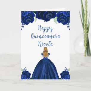 Blonde Hair Princess Navy Floral Quinceanera Card