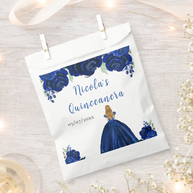 Blonde Hair Princess Navy Floral Quinceanera Favour Bag (Clipped)