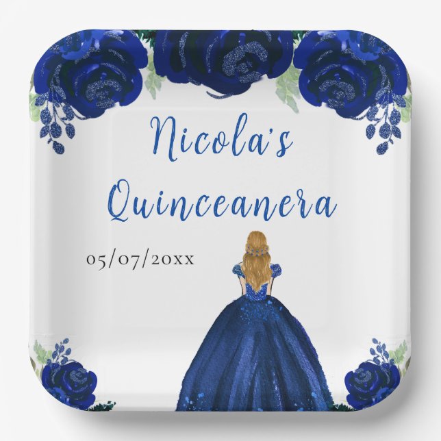 Blonde Hair Princess Navy Floral Quinceanera Paper Plate (Front)