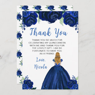 Blonde Hair Princess Navy Floral Quinceanera Thank You Card