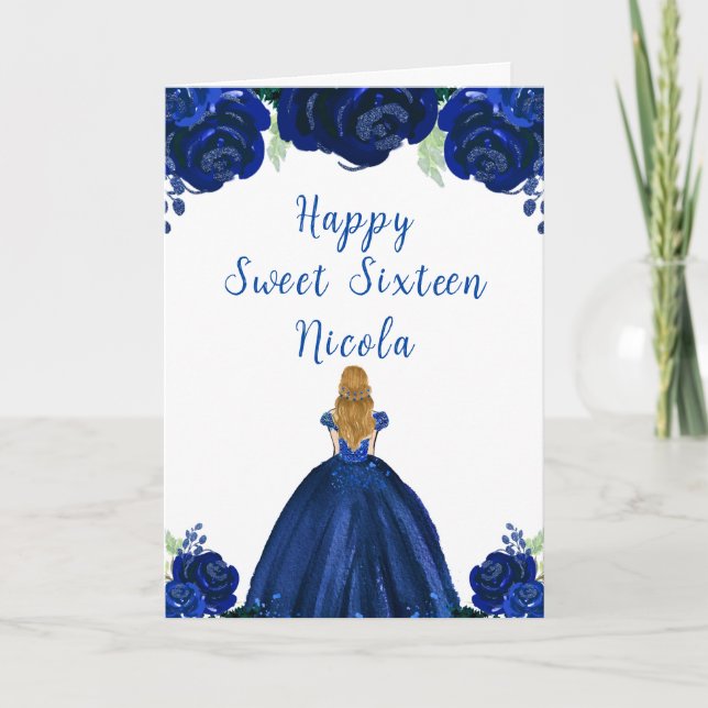Blonde Hair Princess Navy Floral Sweet Sixteen  Card (Front)