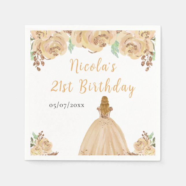 Blonde Hair Princess Peach Floral Birthday Party Napkin (Front)