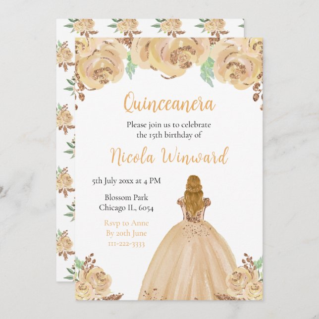 Blonde Hair Princess Peach Floral Quinceanera Invitation (Front/Back)