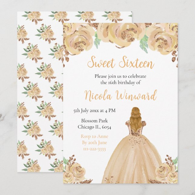 Blonde Hair Princess Peach Floral Sweet Sixteen Invitation (Front/Back)