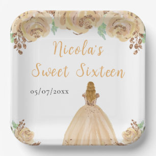 Blonde Hair Princess Peach Floral Sweet Sixteen  Paper Plate