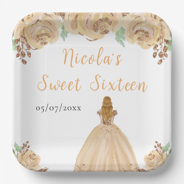 Blonde Hair Princess Peach Floral Sweet Sixteen  Paper Plate (Front)