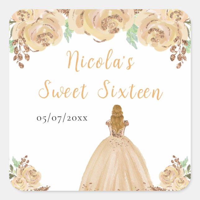Blonde Hair Princess Peach Floral Sweet Sixteen  Square Sticker (Front)