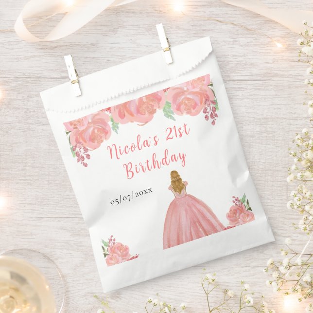 Blonde Hair Princess Pink Floral Birthday Party Favour Bag (Clipped)