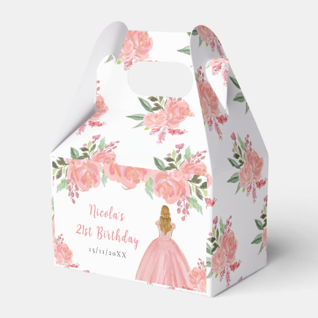 Blonde Hair Princess Pink Floral Birthday Party Favour Box (Front Side)