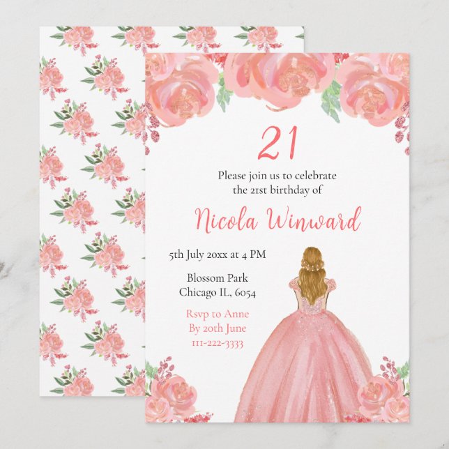 Blonde Hair Princess Pink Floral Birthday Party Invitation (Front/Back)