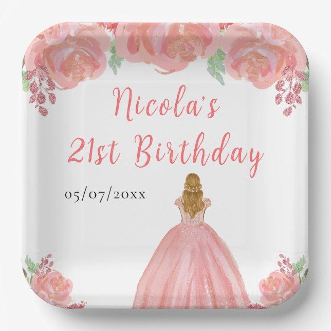 Blonde Hair Princess Pink Floral Birthday Party Paper Plate (Front)