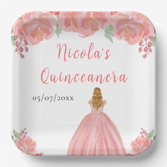 Blonde Hair Princess Pink Floral Quinceanera Paper Plate (Front)