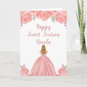 Blonde Hair Princess Pink Floral Sweet Sixteen Card