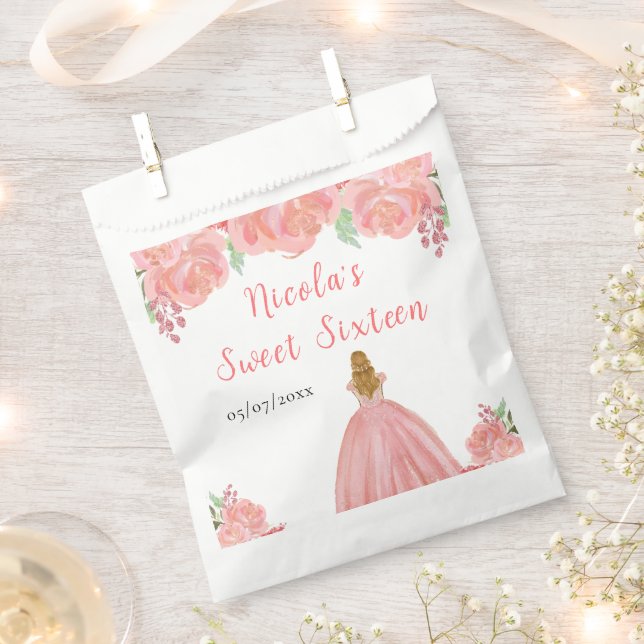Blonde Hair Princess Pink Floral Sweet Sixteen  Favour Bag (Clipped)