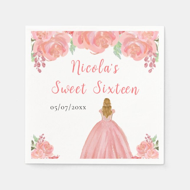 Blonde Hair Princess Pink Floral Sweet Sixteen  Napkin (Front)