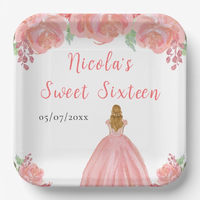 Blonde Hair Princess Pink Floral Sweet Sixteen  Paper Plate (Front)