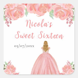 Blonde Hair Princess Pink Floral Sweet Sixteen  Square Sticker