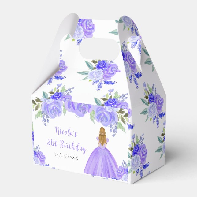 Blonde Hair Princess Purple Floral Birthday Party Favour Box (Front Side)