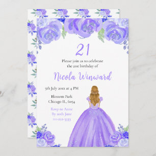 Blonde Hair Princess Purple Floral Birthday Party Invitation