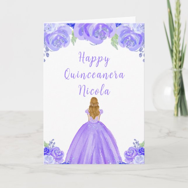 Blonde Hair Princess Purple Floral Quinceanera Card (Front)