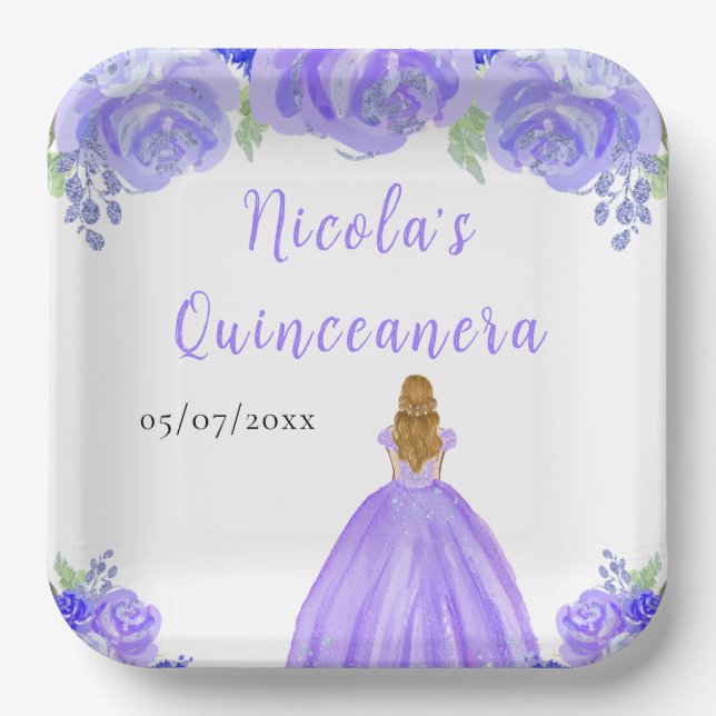 Blonde Hair Princess Purple Floral Quinceanera Paper Plate (Front)