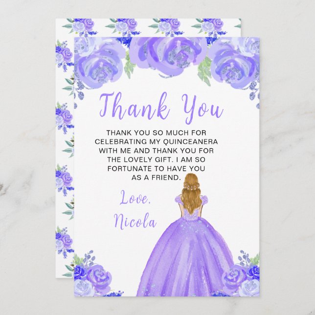 Blonde Hair Princess Purple Floral Quinceanera Thank You Card (Front/Back)