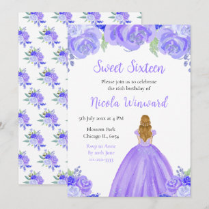 Blonde Hair Princess Purple Floral Sweet Sixteen Invitation