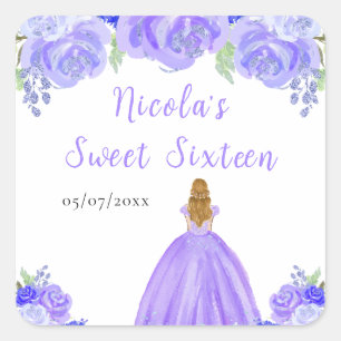 Blonde Hair Princess Purple Floral Sweet Sixteen  Square Sticker