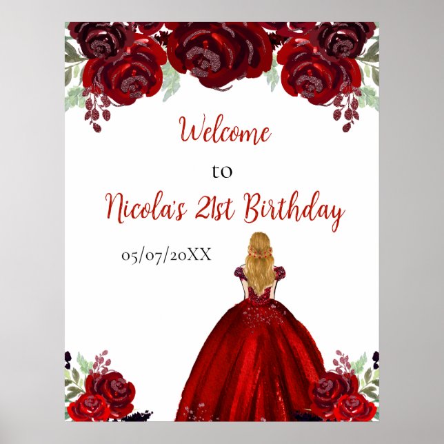 Blonde Hair Princess Red Birthday Welcome Poster (Front)