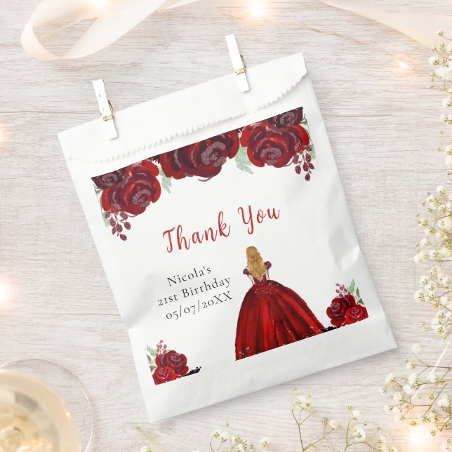 Blonde Hair Princess Red Floral Birthday Favour Bag (Clipped)