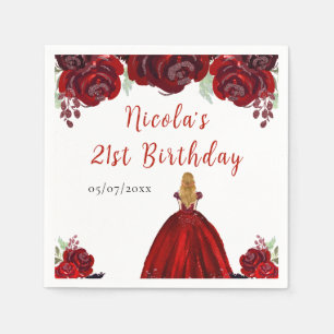 Blonde Hair Princess Red Floral Birthday Napkin