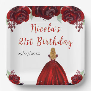 Blonde Hair Princess Red Floral Birthday Paper Plate