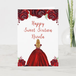 Blonde Hair Princess Red Floral Sweet Sixteen  Card