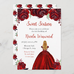 Blonde Hair Princess Red Floral Sweet Sixteen Invitation