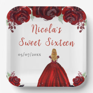 Blonde Hair Princess Red Floral Sweet Sixteen  Paper Plate