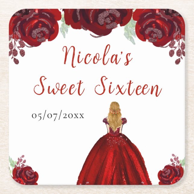 Blonde Hair Princess Red Floral Sweet Sixteen  Square Paper Coaster (Front)