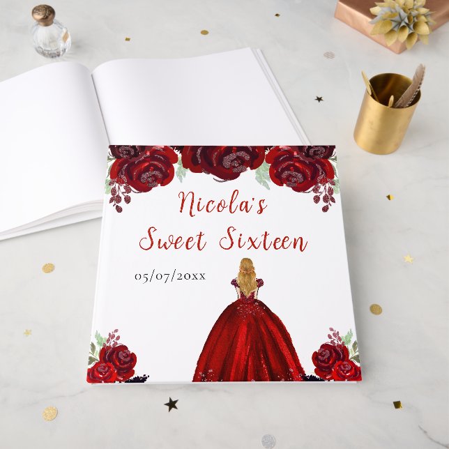 Blonde Hair Princess Red Sweet Sixteen Guest Book (Front Open)